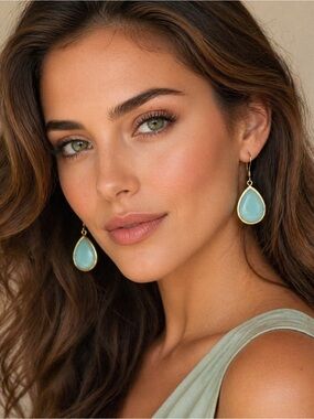 Gold Tone Teardrop Dangle Earrings
 Aqua